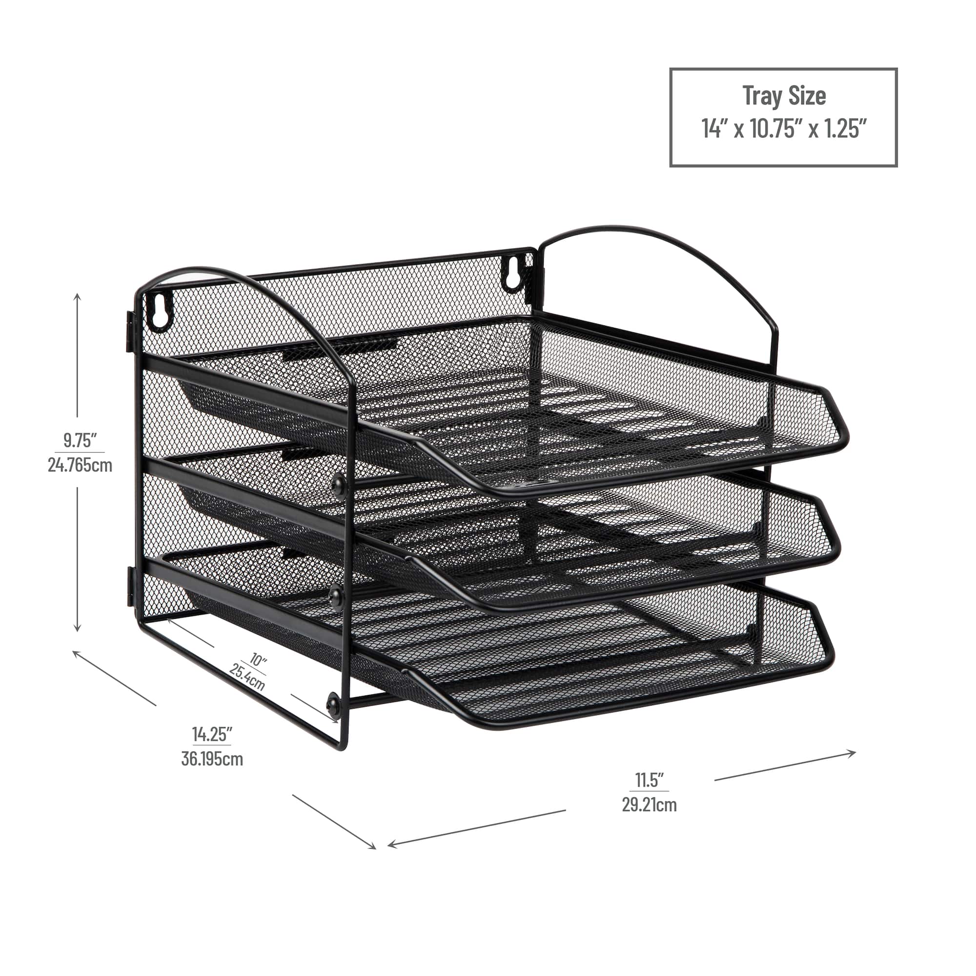 Mind Reader 3-Tier Paper Tray, Desktop Organizer, Wall Mountable, Office, Metal Mesh, 11.5"L x 14.25"W x 9.75"H, Black